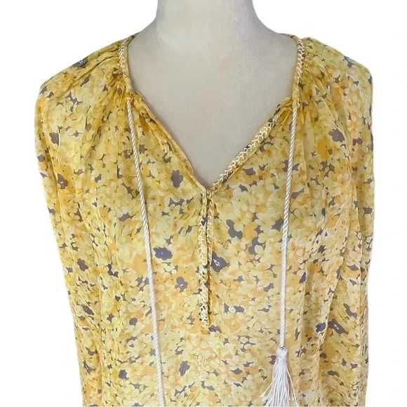 The Kooples Sunrise 100% Silk Floral Yellow Tassle Sheer Top Blouse Women Sz XS - Picture 4 of 7
